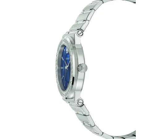Side view of Versace Greca Logo watch showing silver bracelet and blue dial profile