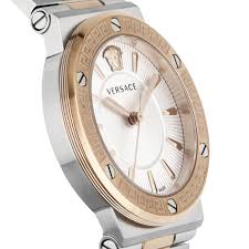 Versace ladies watch at angle showing silver dial and two-tone case with rose gold bezel