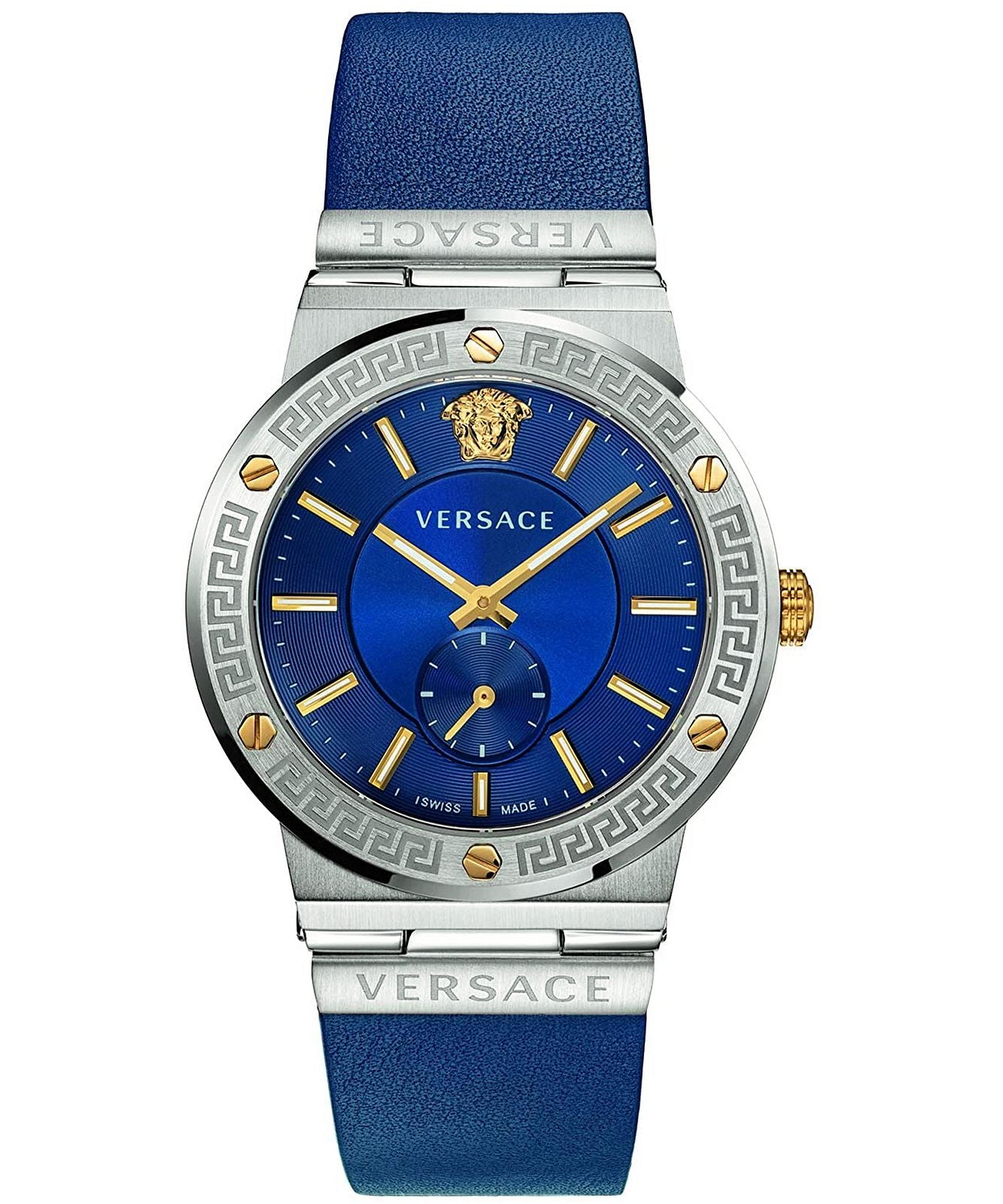 Versace Greca Logo quartz men's watch with blue dial and blue leather strap