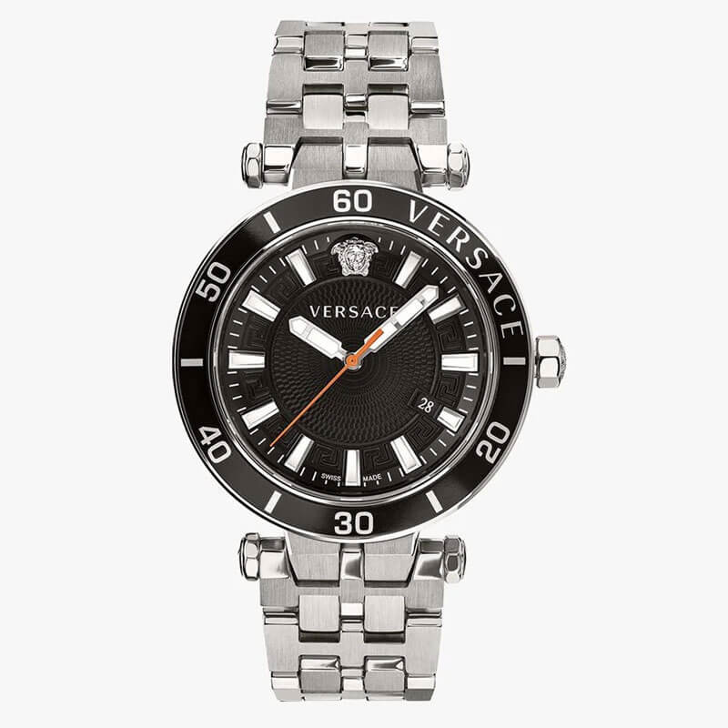 Versace Greca Sport watch front view with black dial and silver steel bracelet