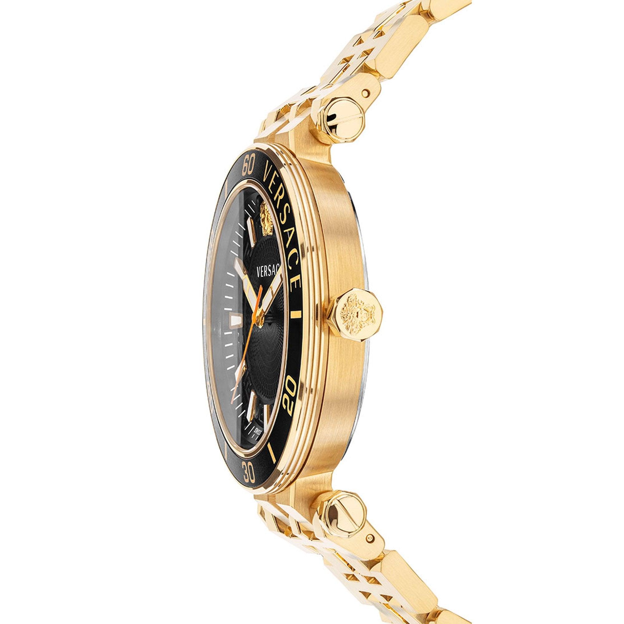 Versace Greca Sport watch side profile showing gold case and black dial