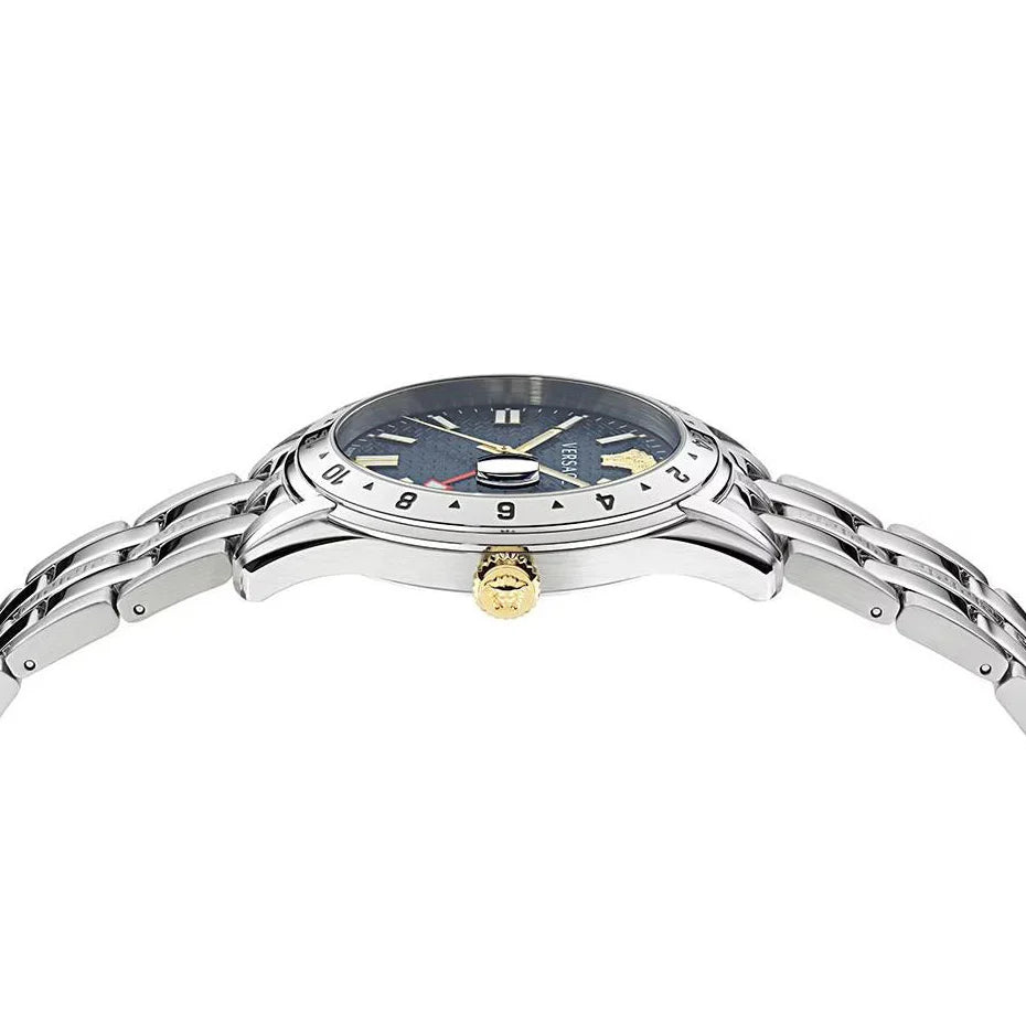 Versace Greca Time GMT watch side profile showing case profile and stainless steel link bracelet