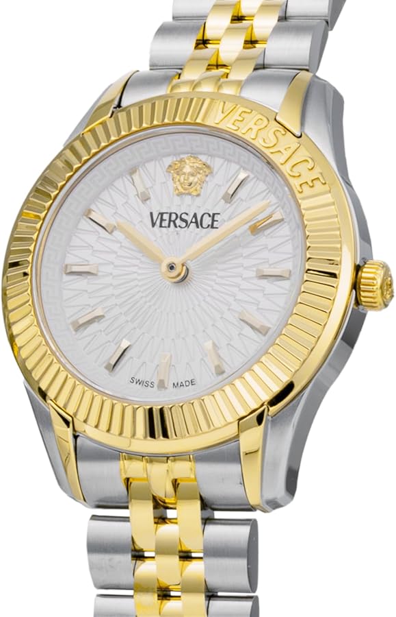 Versace Greca Time Petite watch from angled side view showing two-tone bracelet and fluted bezel