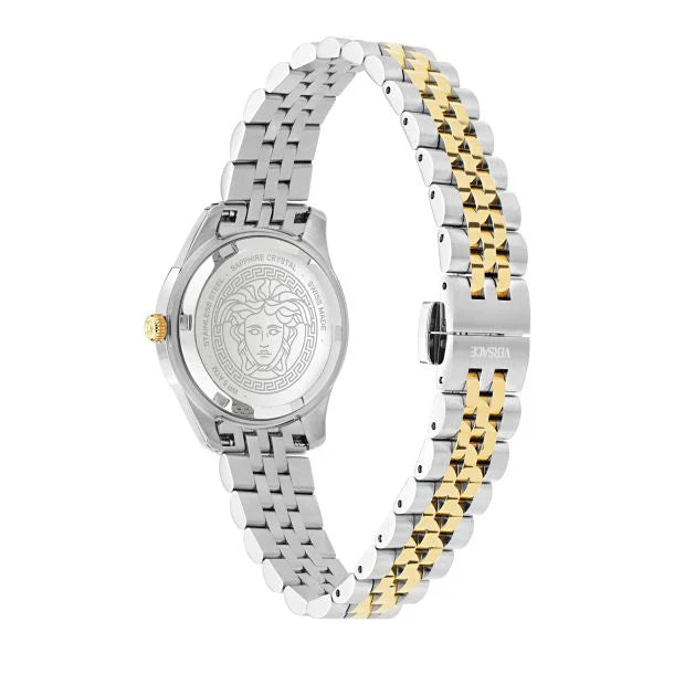 Versace Greca Time Petite watch caseback featuring Medusa medallion on stainless steel
