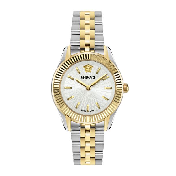 Versace Greca Time Petite 30mm watch with silver dial and two-tone gold-silver stainless steel bracelet