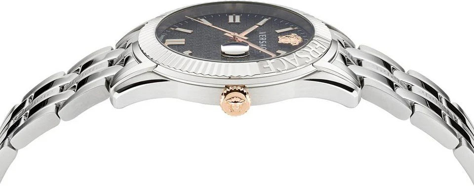 Versace Greca Time black dial detail with Medusa head logo, rose gold accents and stick indices