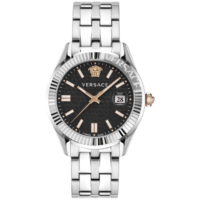 Versace Greca Time watch with black dial, stainless steel case and bracelet, date window at 3 o'clock