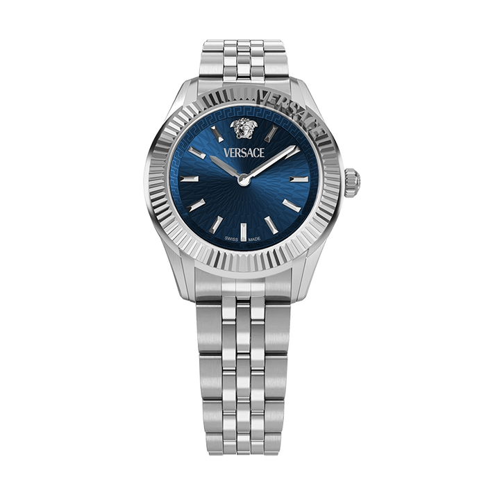 Versace Greca watch showcasing blue sunburst dial and Medusa logo