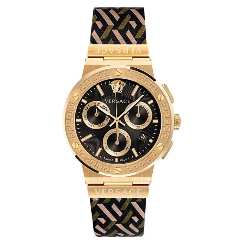 VERSACE Greca Logo gold chronograph watch with black dial and patterned multi-hued leather strap
