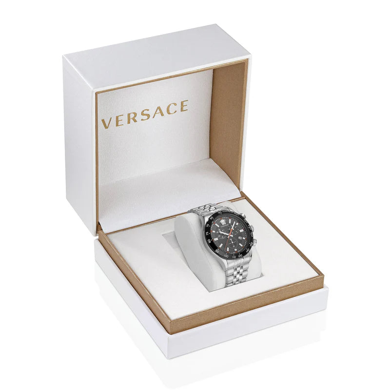 Versace Hellenyium chronograph watch displayed in white and tan presentation box with Medusa logo
