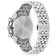 Caseback of Versace Hellenyium chronograph watch showing Medusa logo and stainless steel bracelet