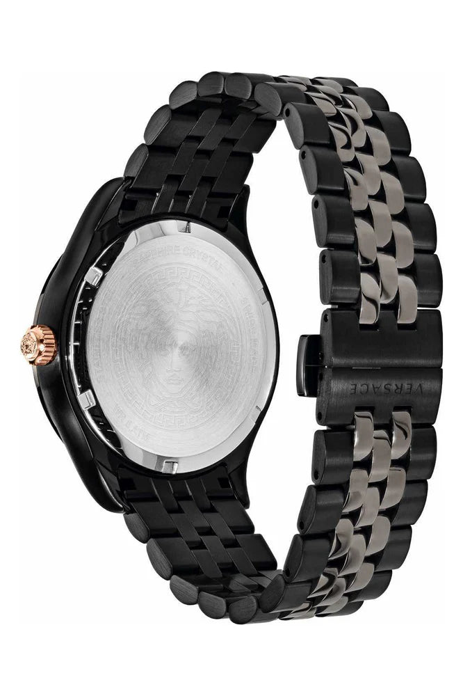 Versace Hellenyium VEVK00320 caseback showing brushed finish and two-tone steel strap