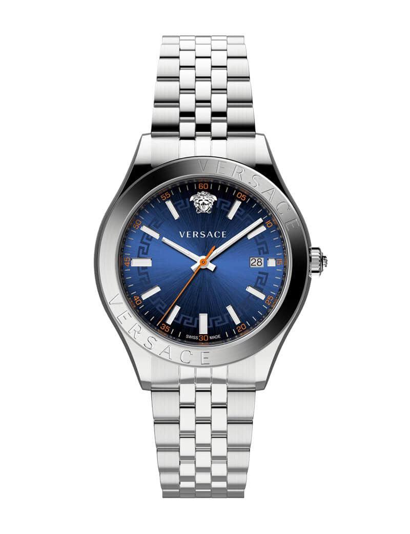 Versace Hellenyium men's watch with silver stainless steel bracelet and blue dial