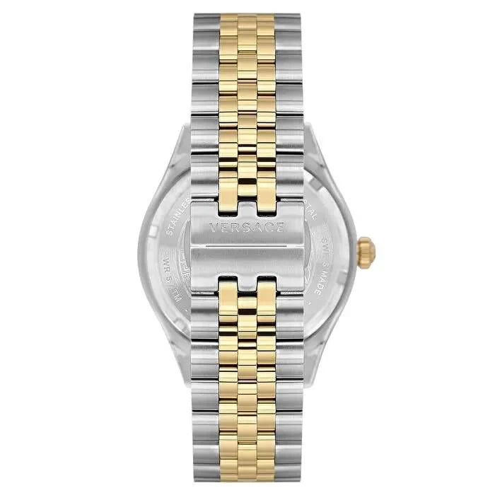 Caseback view of Versace Hellenyium watch showing two-tone stainless steel bracelet