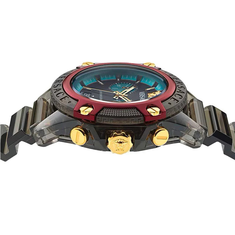 Three-quarter view of Versace Icon Active chronograph with black rubber strap and gold pushers visible