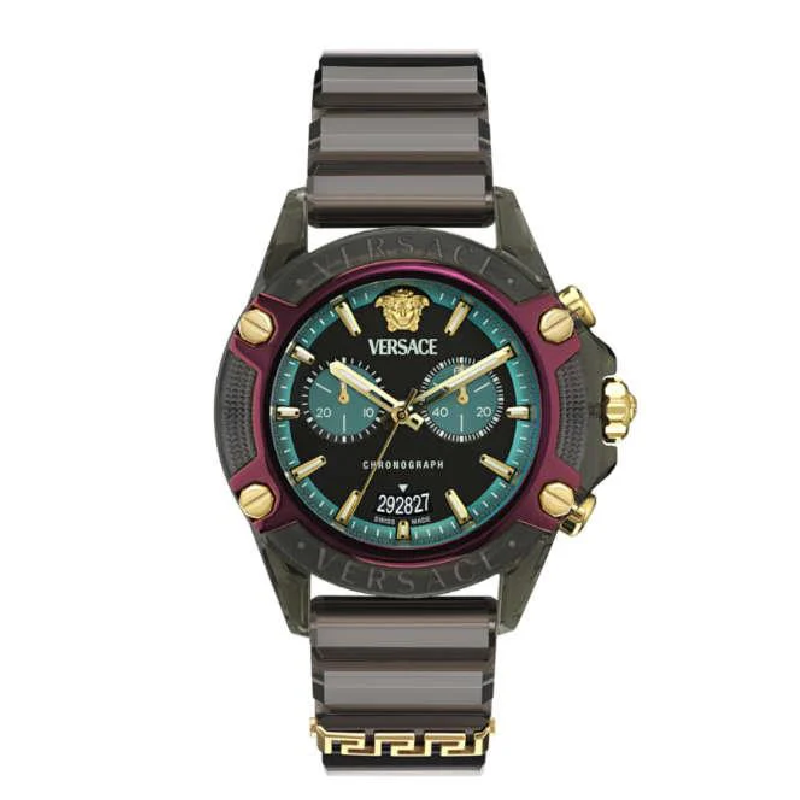 Versace Icon Active chronograph watch with black dial, magenta bezel, gold pushers and Medusa logo on black rubber strap