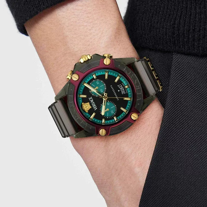 Versace Icon Active chronograph watch worn on wrist showing black dial with gold and turquoise accents