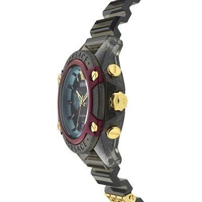 Side profile of Versace Icon Active chronograph showing case depth, black rubber strap and gold accents