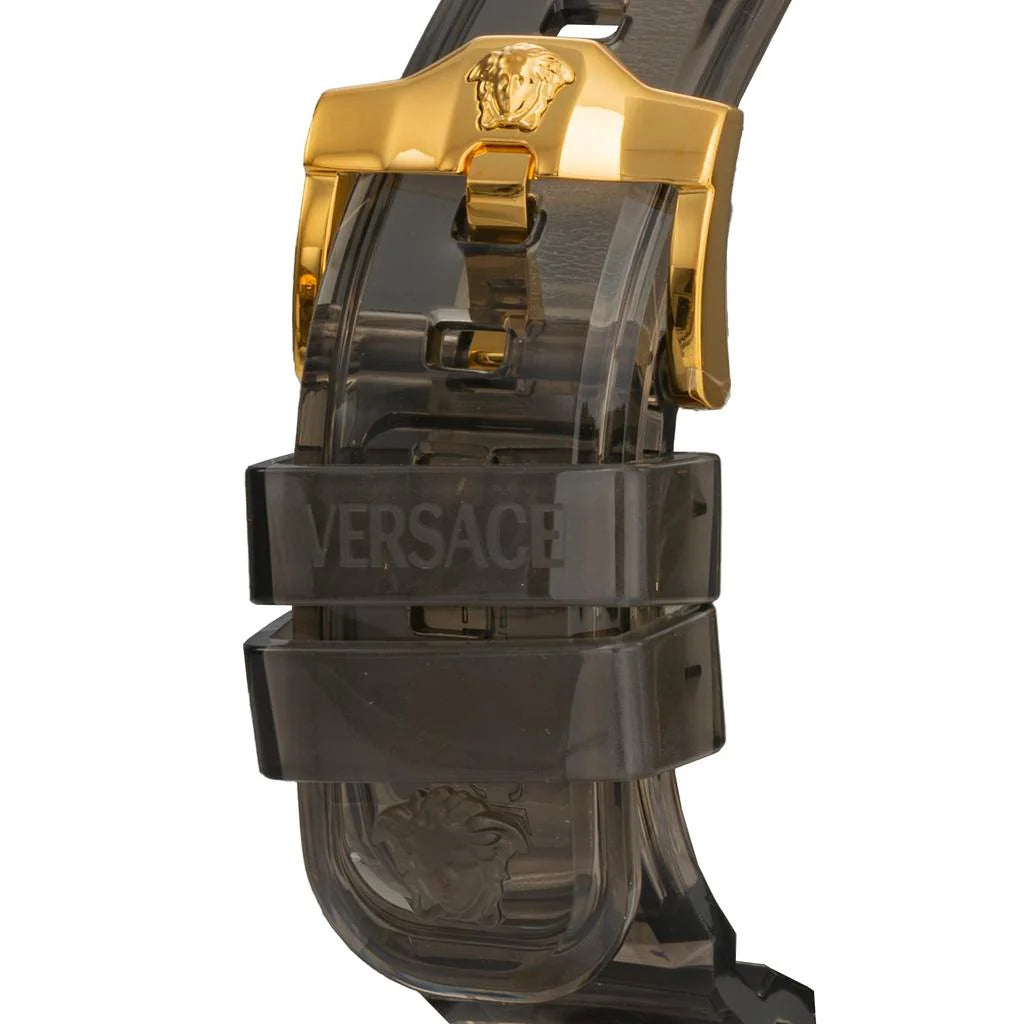 Black rubber strap with gold Medusa head buckle and Versace branding detail