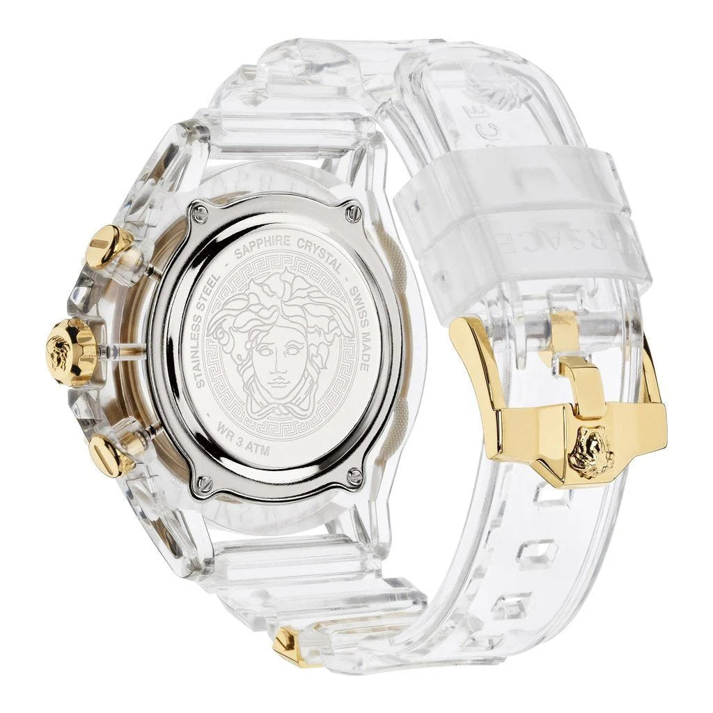 Versace Icon Active Chronograph caseback showing Medusa medallion and water resistance markings