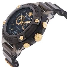 Versace Icon Active watch angled view showing black case, gold bezel accents, and black strap
