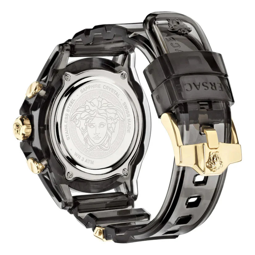 Versace Icon Active watch caseback displaying Medusa medallion, black case with gold accents