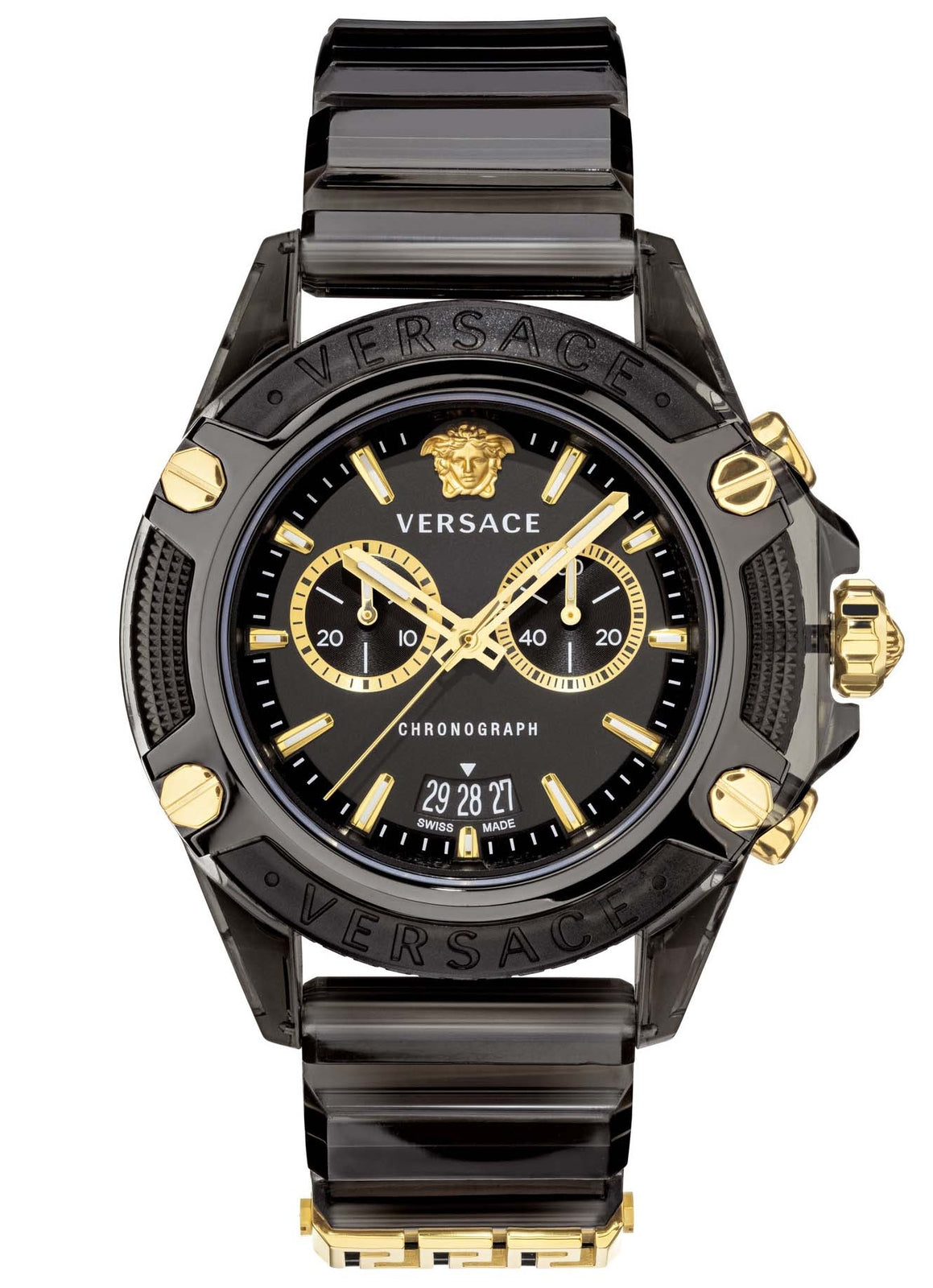 Versace Icon Active chronograph watch with black dial, gold chronograph hands and accents, black strap