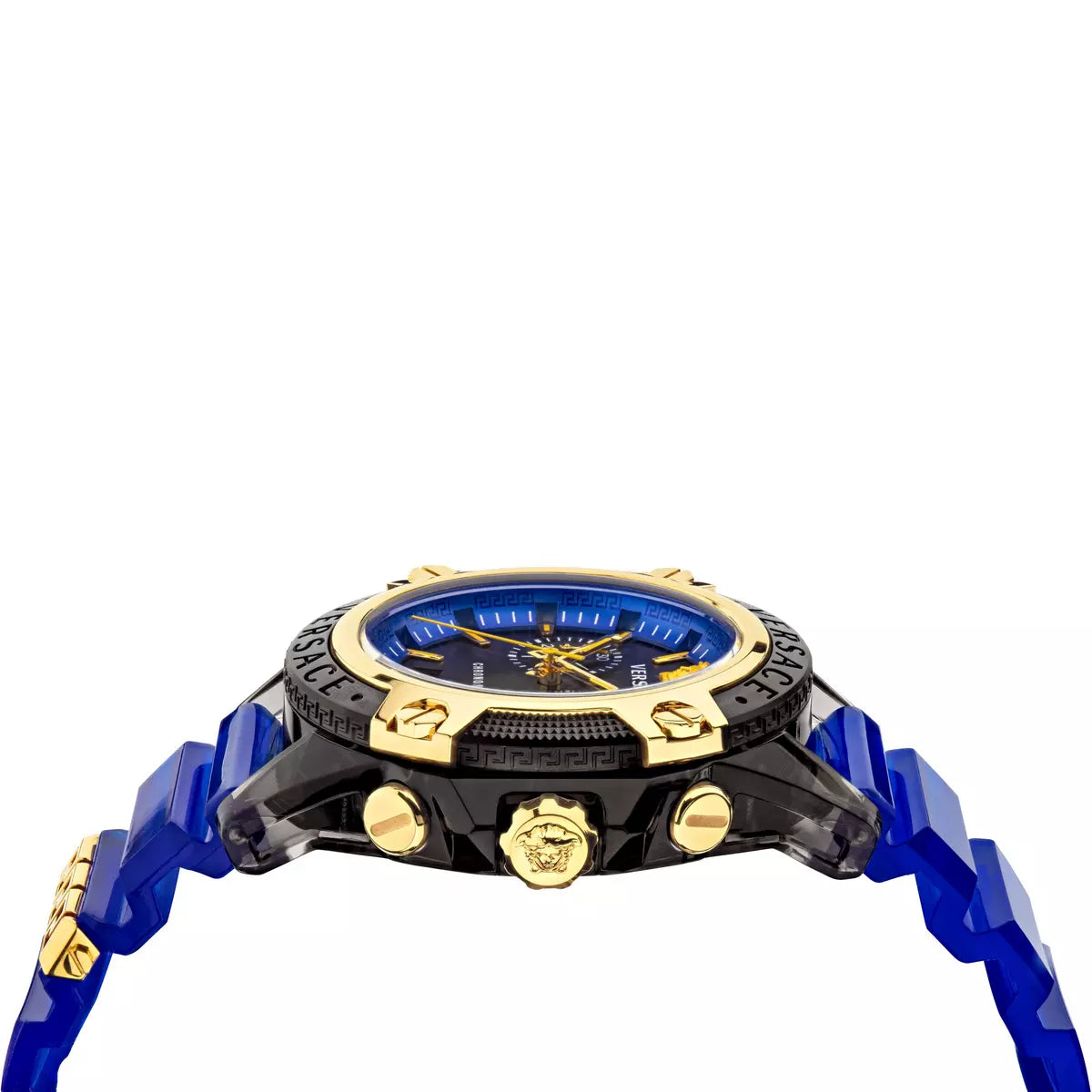 Angled side view of Versace Icon Active watch showing black case, gold lugs, and blue rubber strap