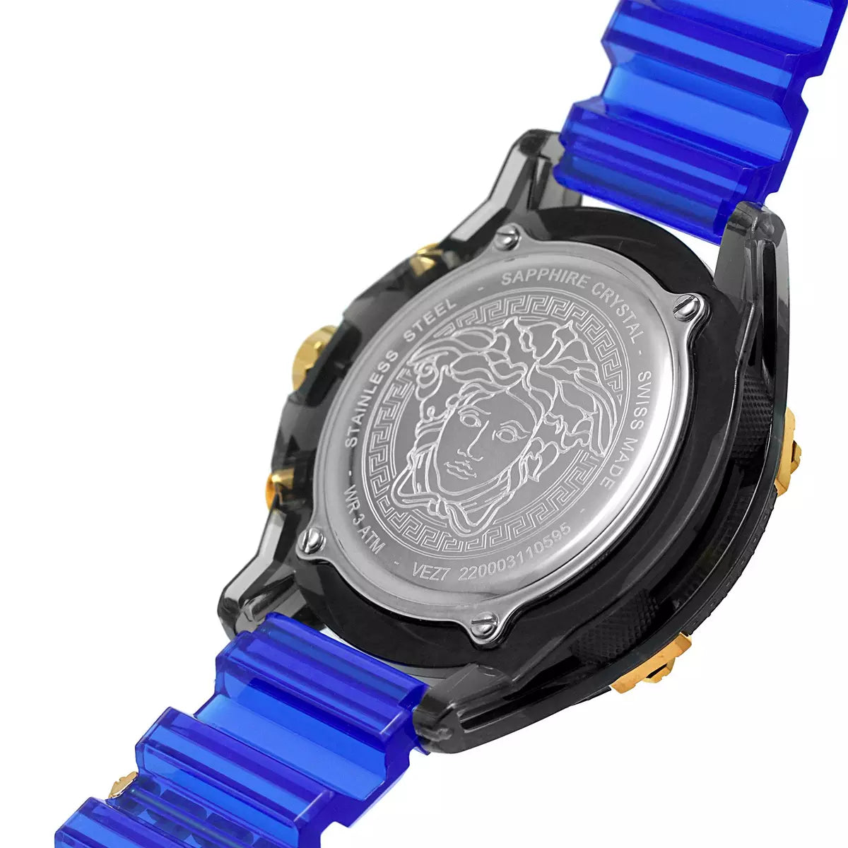 Sapphire crystal case back showing Versace Medusa medallion engraving and watch specifications