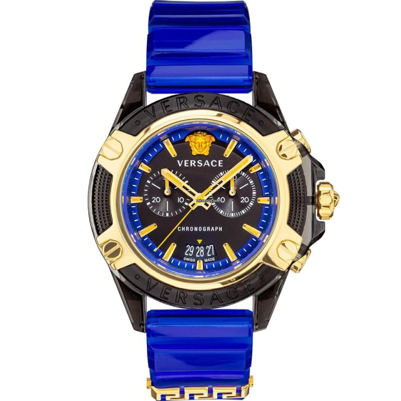 Versace Icon Active chronograph watch with blue dial, gold bezel, black case and bright blue rubber strap