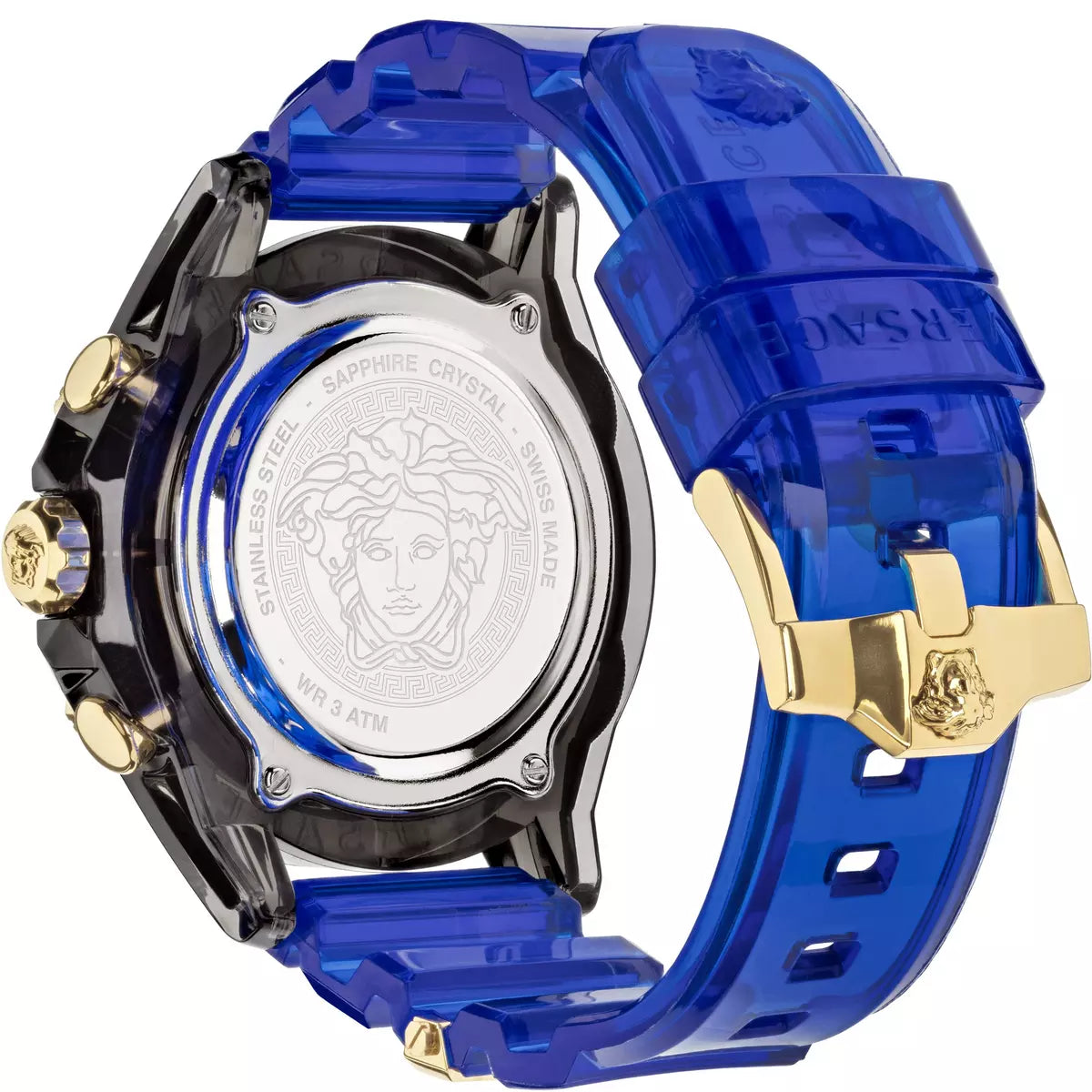 Versace Icon Active watch showing case construction with gold accents and blue rubber strap detail