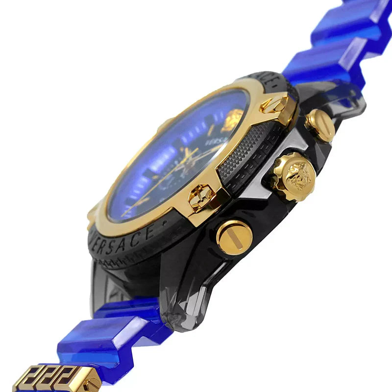 Side profile of Versace Icon Active chronograph displaying blue dial, gold bezel, and blue rubber strap