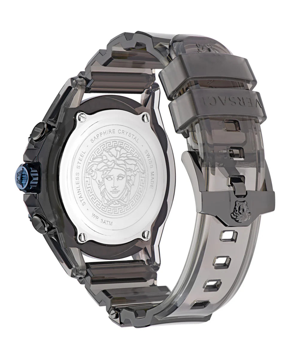 Versace Icon Active VEZ700622 caseback featuring Medusa head medallion and transparent black strap