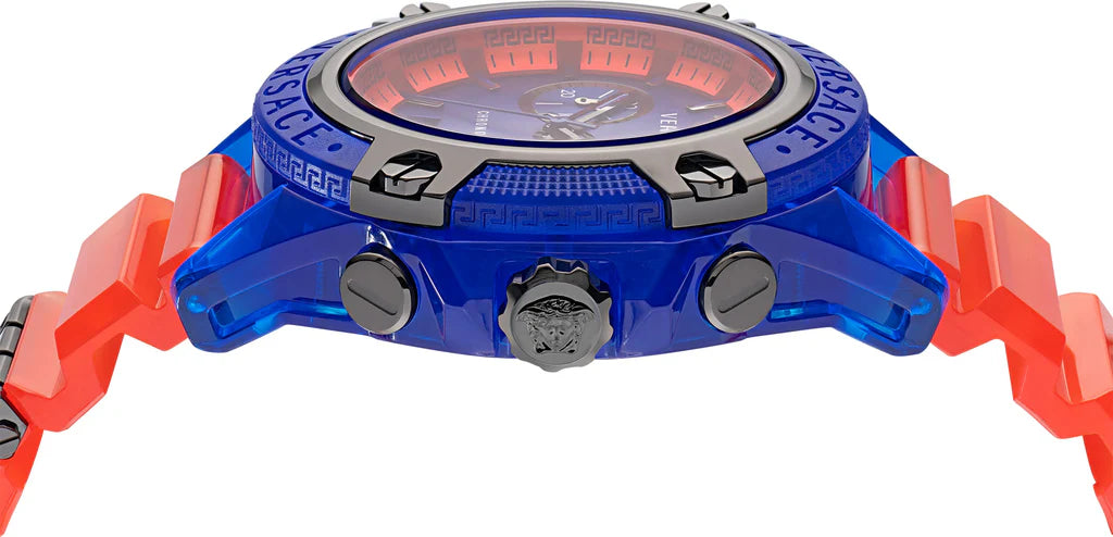Versace Icon Active chronograph watch three-quarter view showing blue case and orange strap
