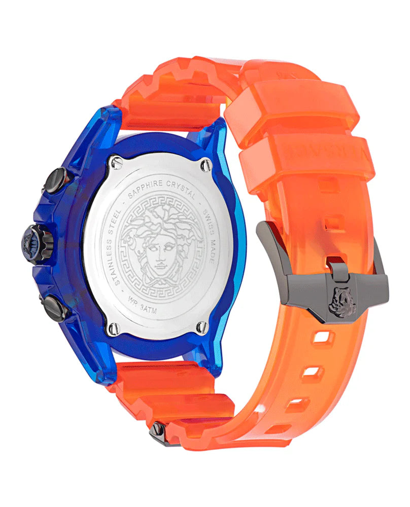 Versace Icon Active watch caseback showing white dial and orange rubber strap