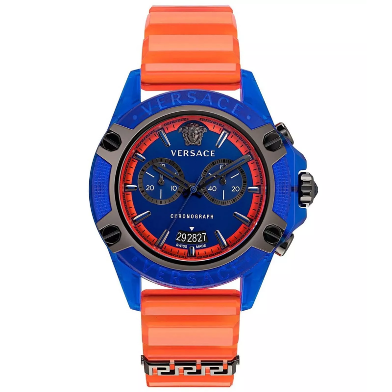 Versace Icon Active chronograph watch with blue dial, blue case, and orange rubber strap