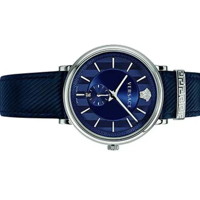 Versace Manifesto watch angled view showing blue leather strap and Greek key bezel detail