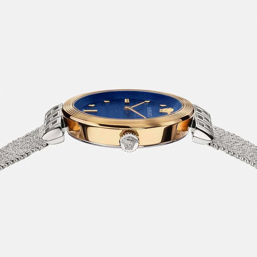 Versace Meander watch side profile with gold bezel, blue dial, and silver mesh bracelet