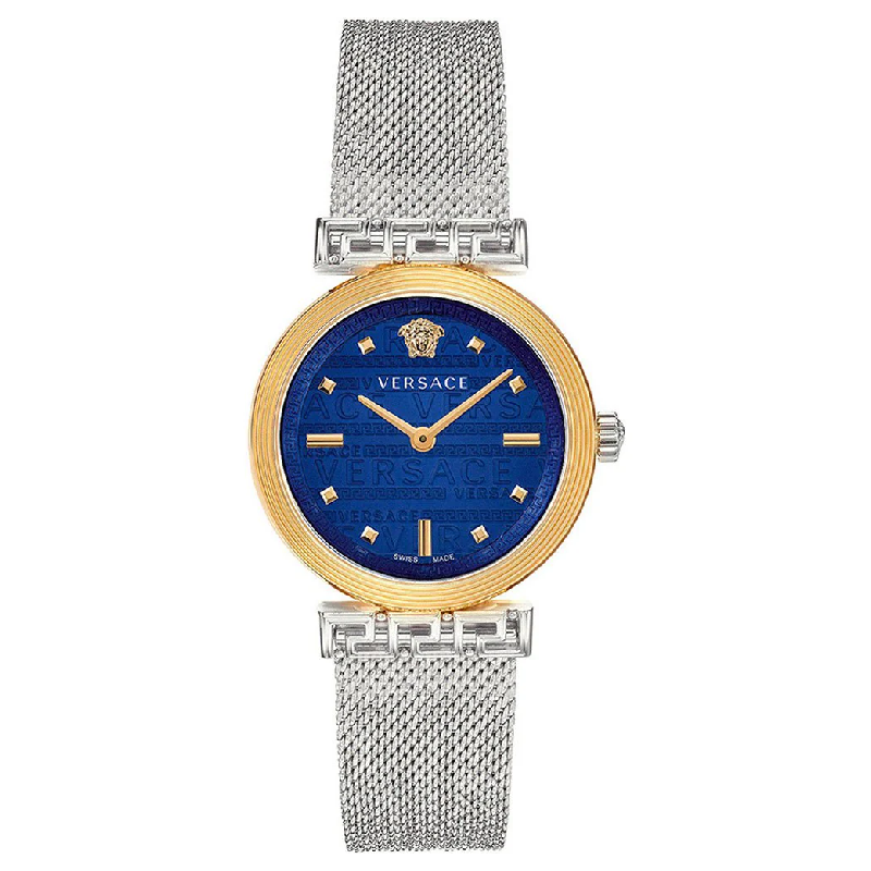Versace Meander women's watch with blue dial, gold bezel, and silver mesh bracelet