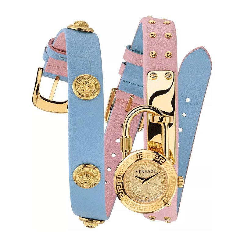 Versace Medusa Lock Icon gold dial watch with interchangeable blue and pink leather straps