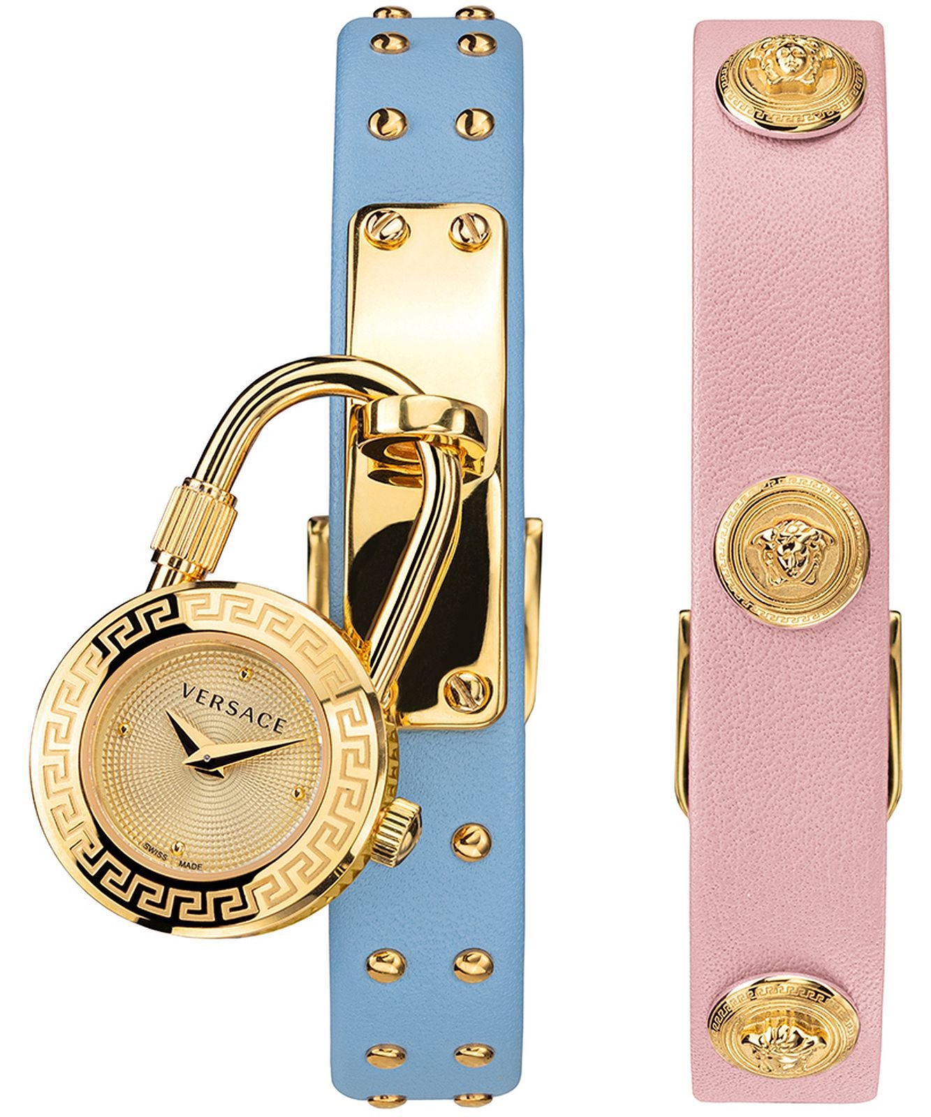 Versace Medusa Lock Icon watch with blue and pink leather straps displayed flat