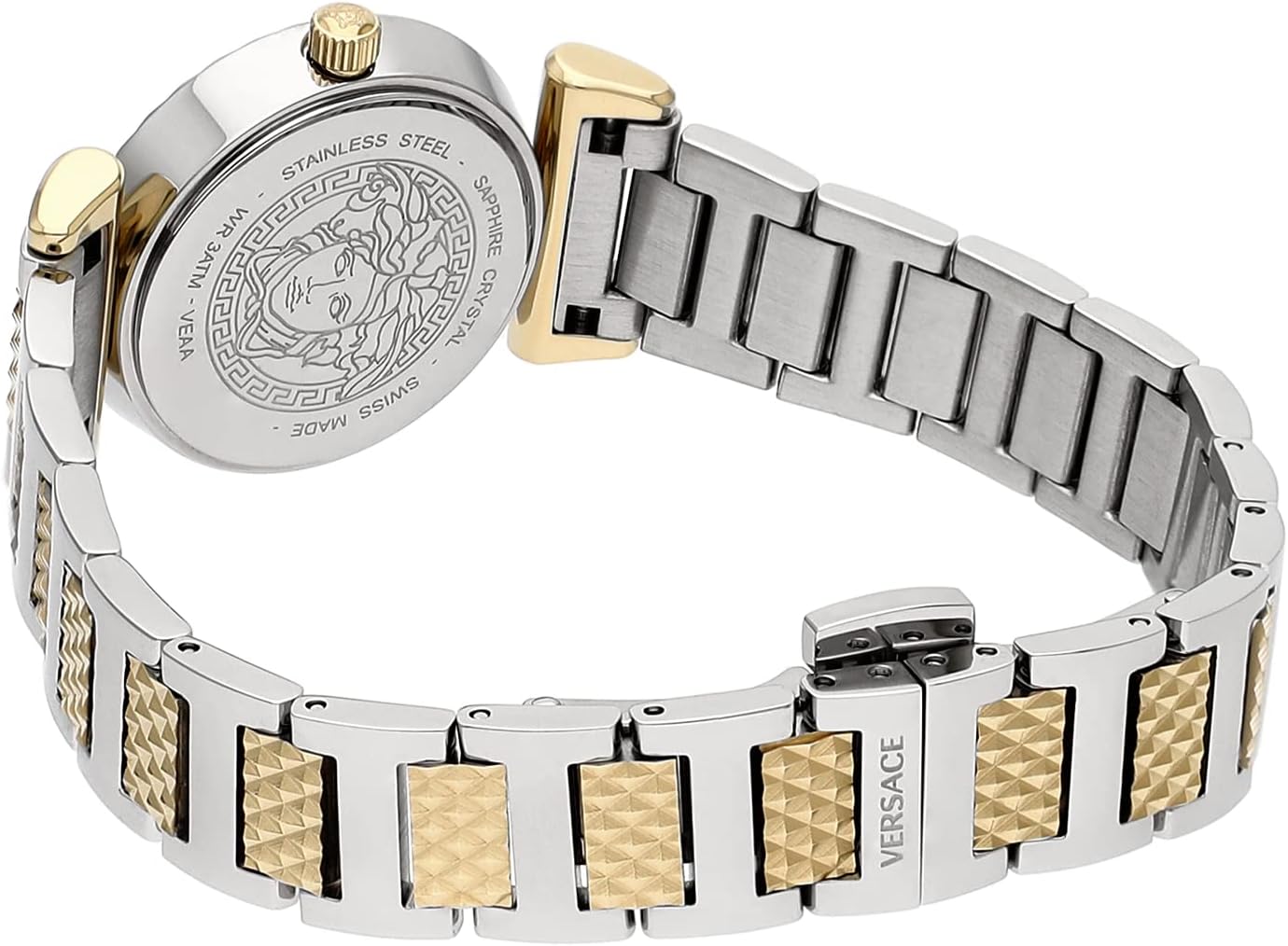Angled view of Versace Mini Vanity watch displaying white dial and two-tone bracelet