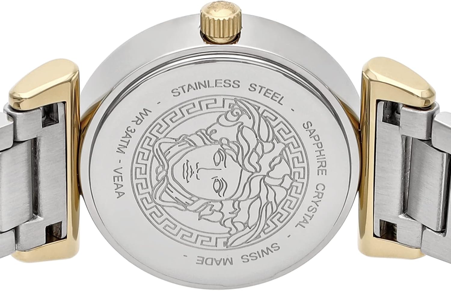 Versace Mini Vanity watch caseback showing Medusa medallion and stainless steel engraving