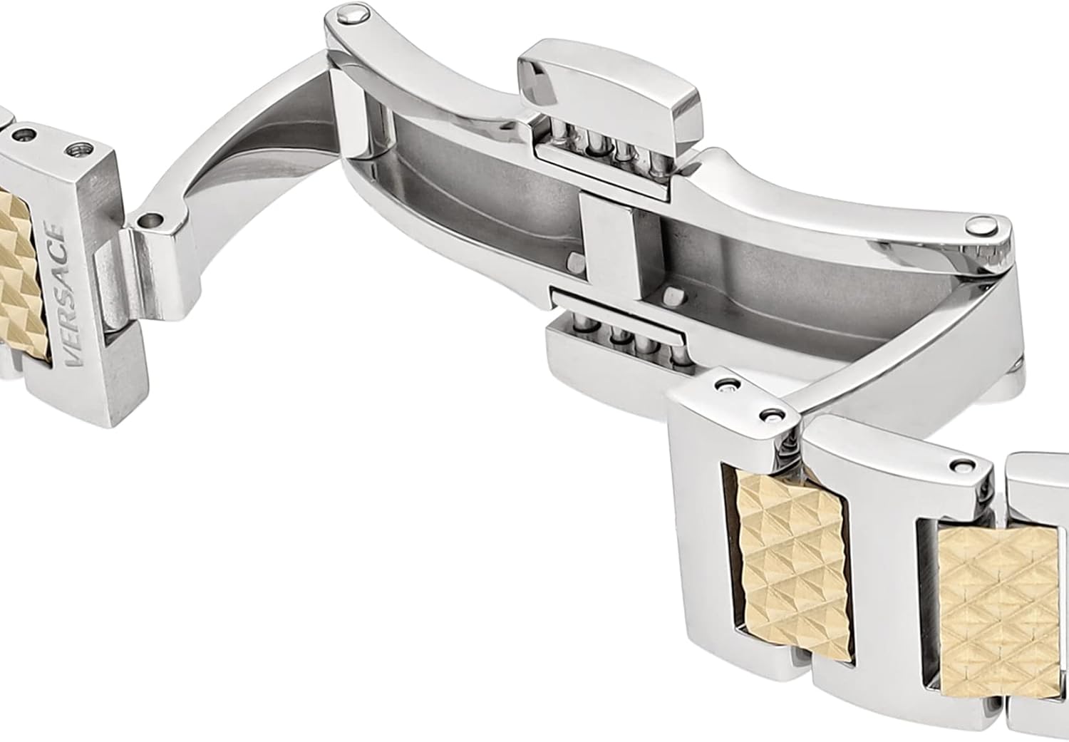 Close-up of Versace Mini Vanity two-tone stainless steel bracelet with gold and silver links