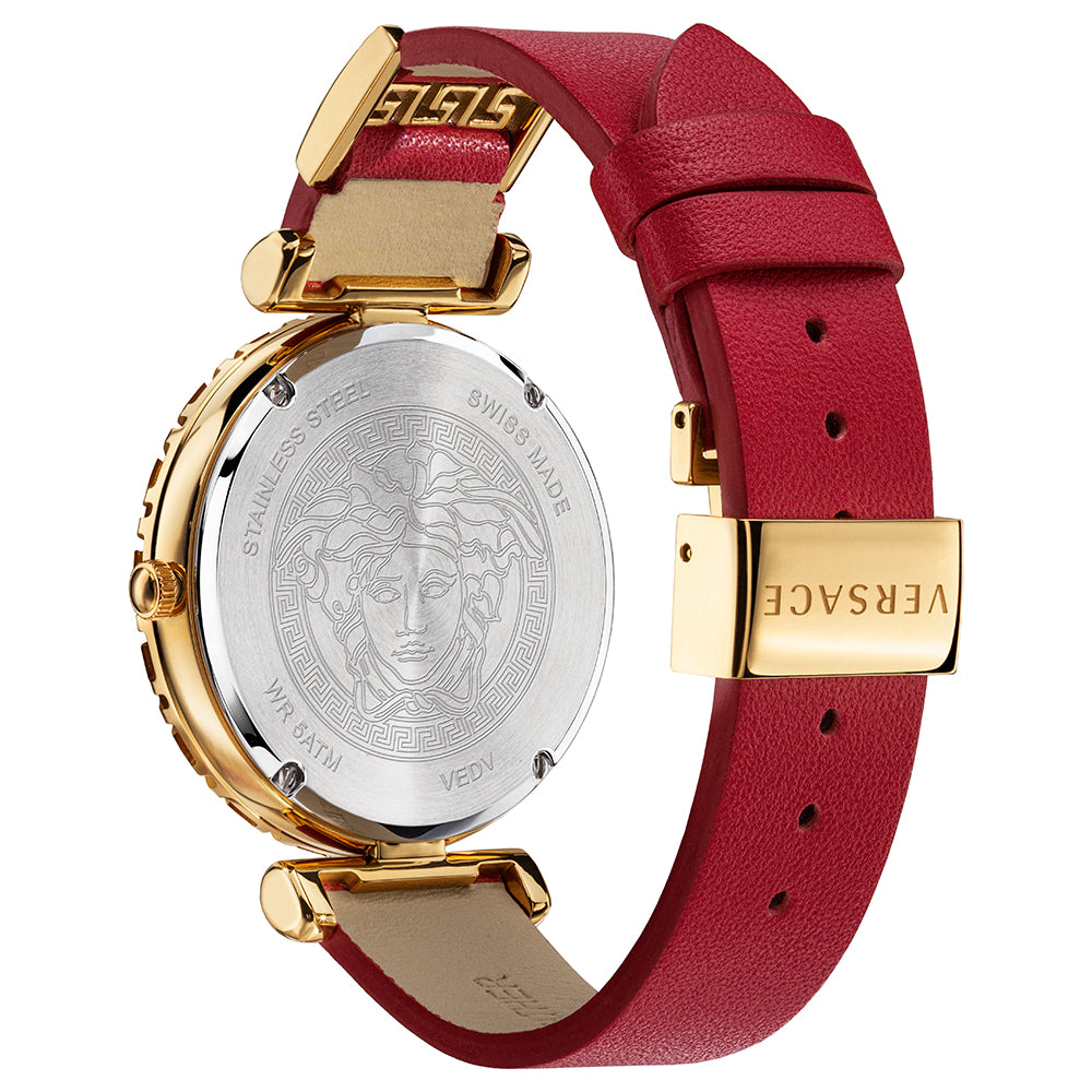 Caseback view of Versace Palazzo Empire showing Medusa head engraving and gold folding clasp on red strap