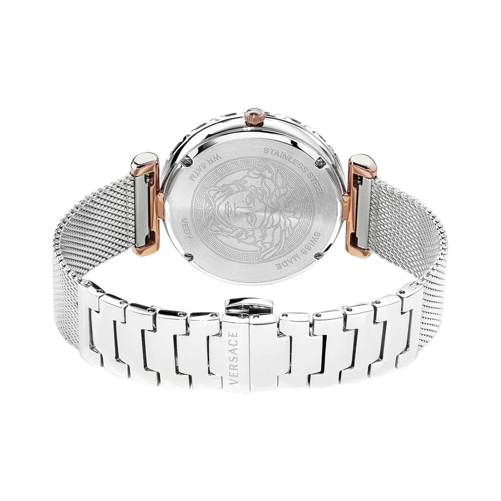 Caseback of Versace Palazzo Empire Greca showing engraved Medusa medallion and warranty details