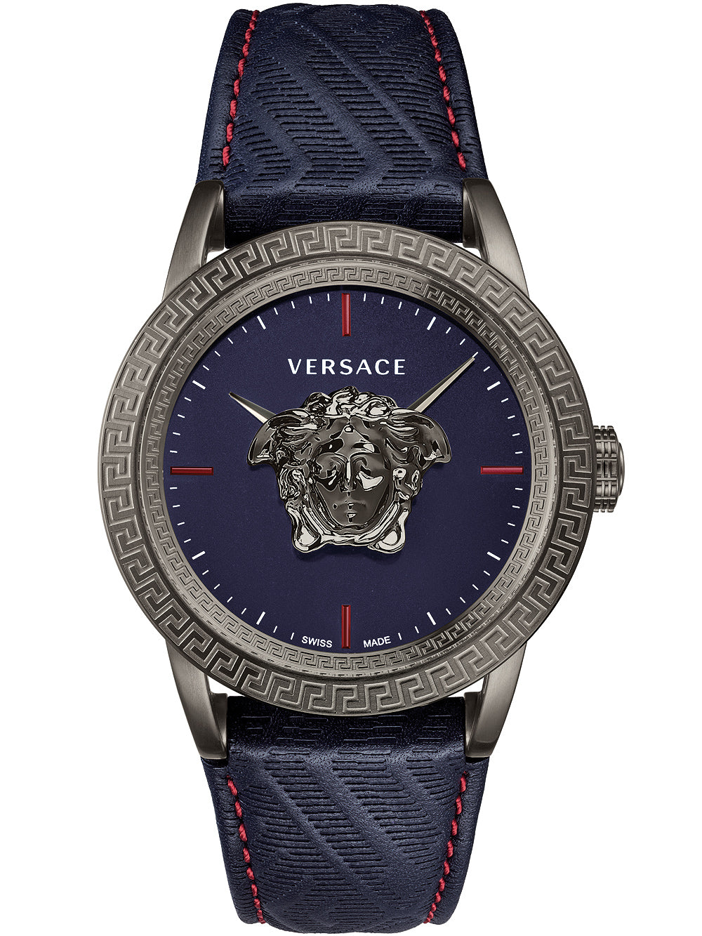 Versace Palazzo Empire watch with blue dial, Medusa logo, and navy leather strap, front view