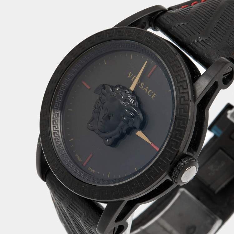 Angled view of Palazzo Empire watch showing dial and black leather strap with red stitching