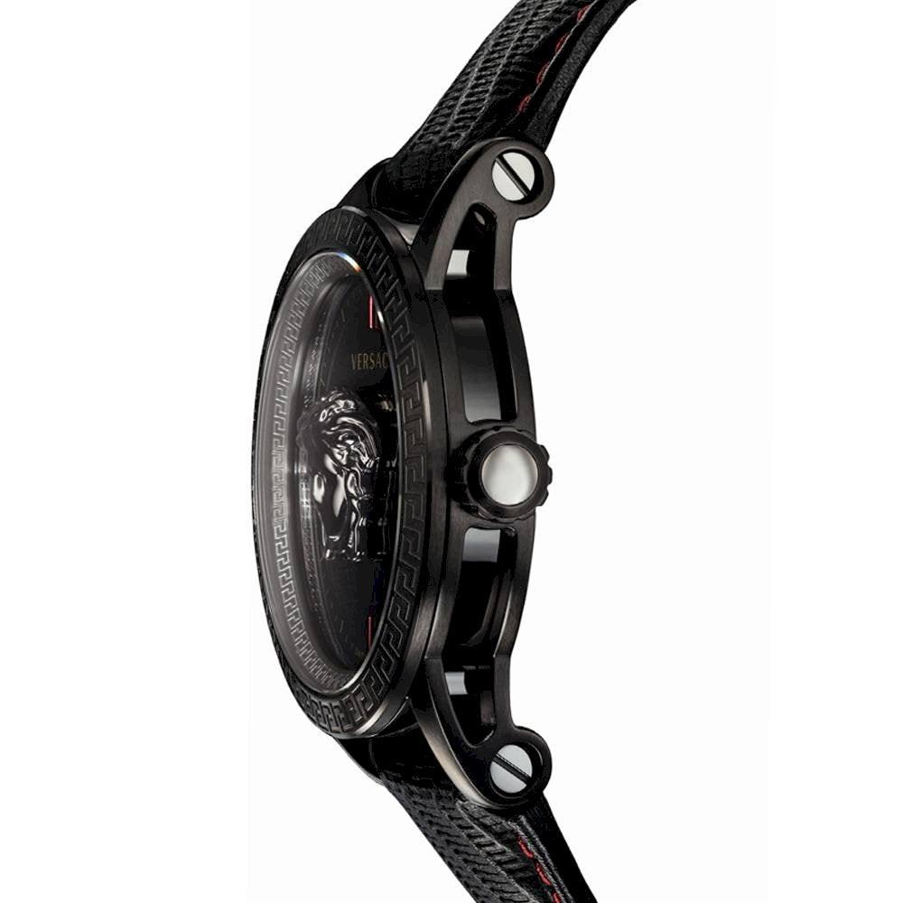 Side profile of Palazzo Empire showing black steel case, crown, and leather strap