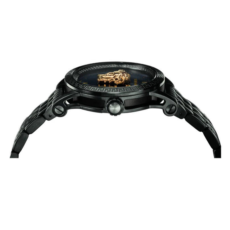 Versace Palazzo Empire angled view of black case with Medusa dial and bracelet